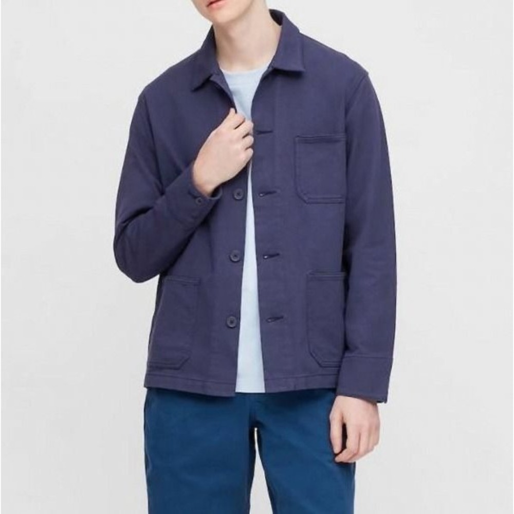 NWT UNIQLO Men's Sz Large Washed Jersey Work Jacket Chore Coat Utility Blue 67